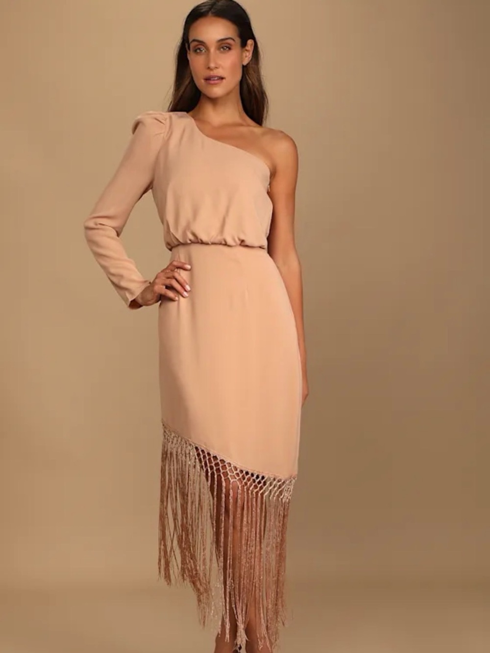 Lulus Love at Dusk Tan One-Shoulder Asymmetrical Fringe Midi Dress